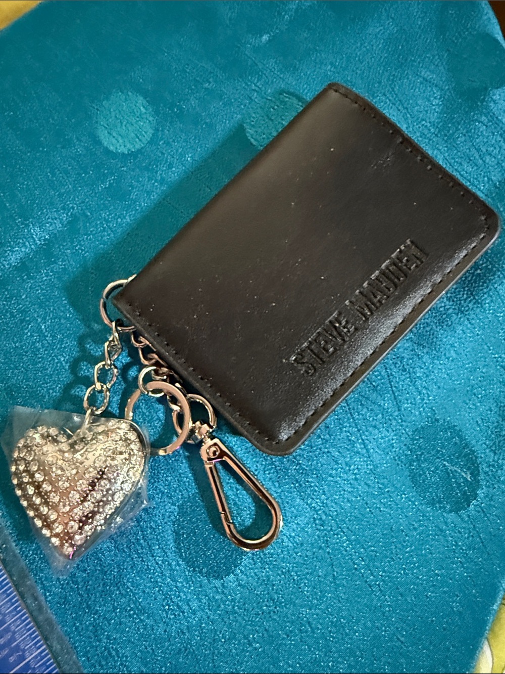Steve Madden Black Leather Card Key Holder with Silver Crystal Heart Charm